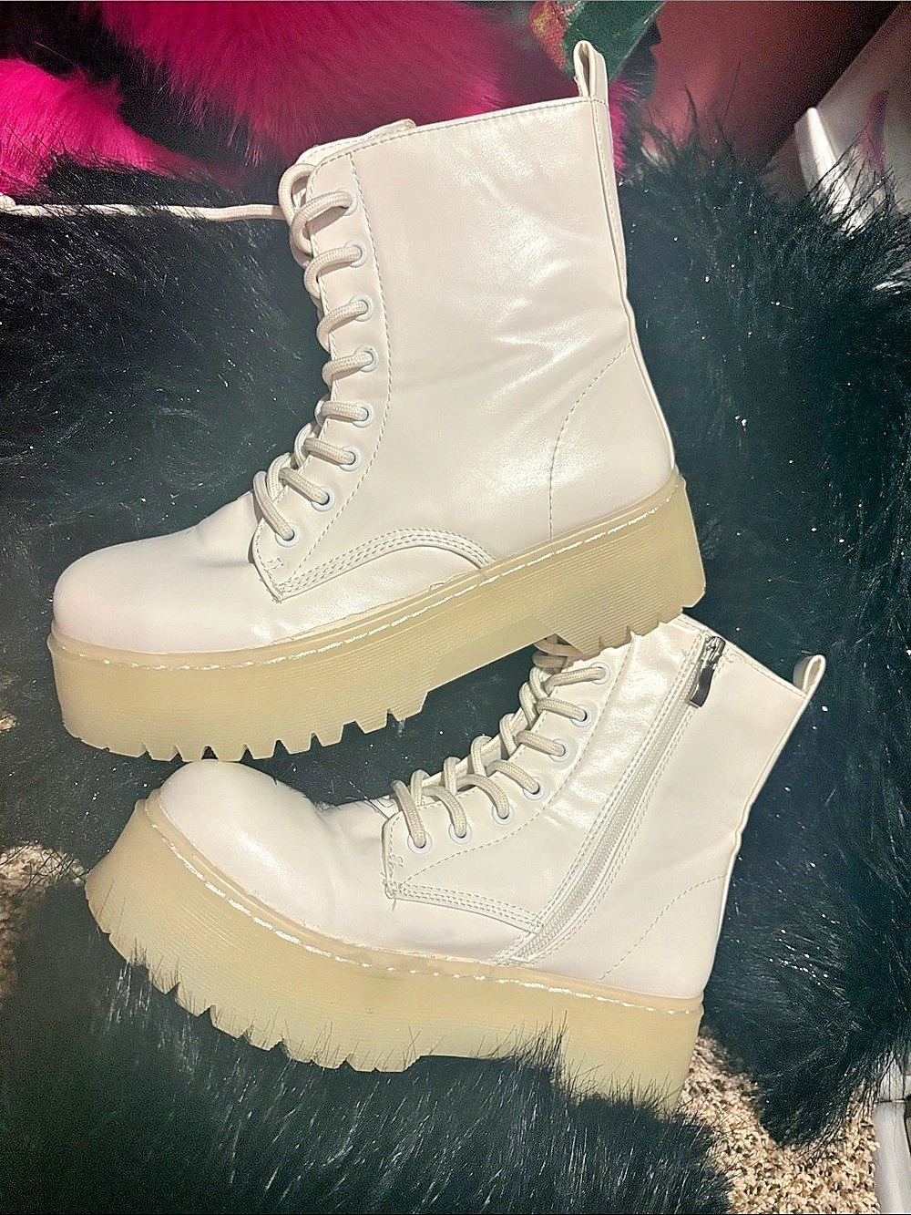 Dr. Martens Like Faux Leather Platform Lace-Up Boots in White Like New